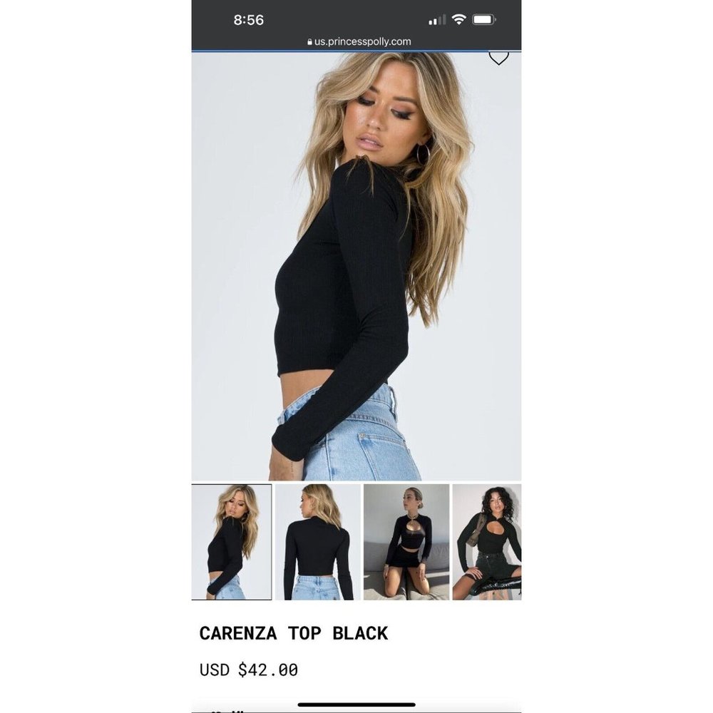 Princess Polly Womens Carenza Top Black Long Sleeve cropped size 4